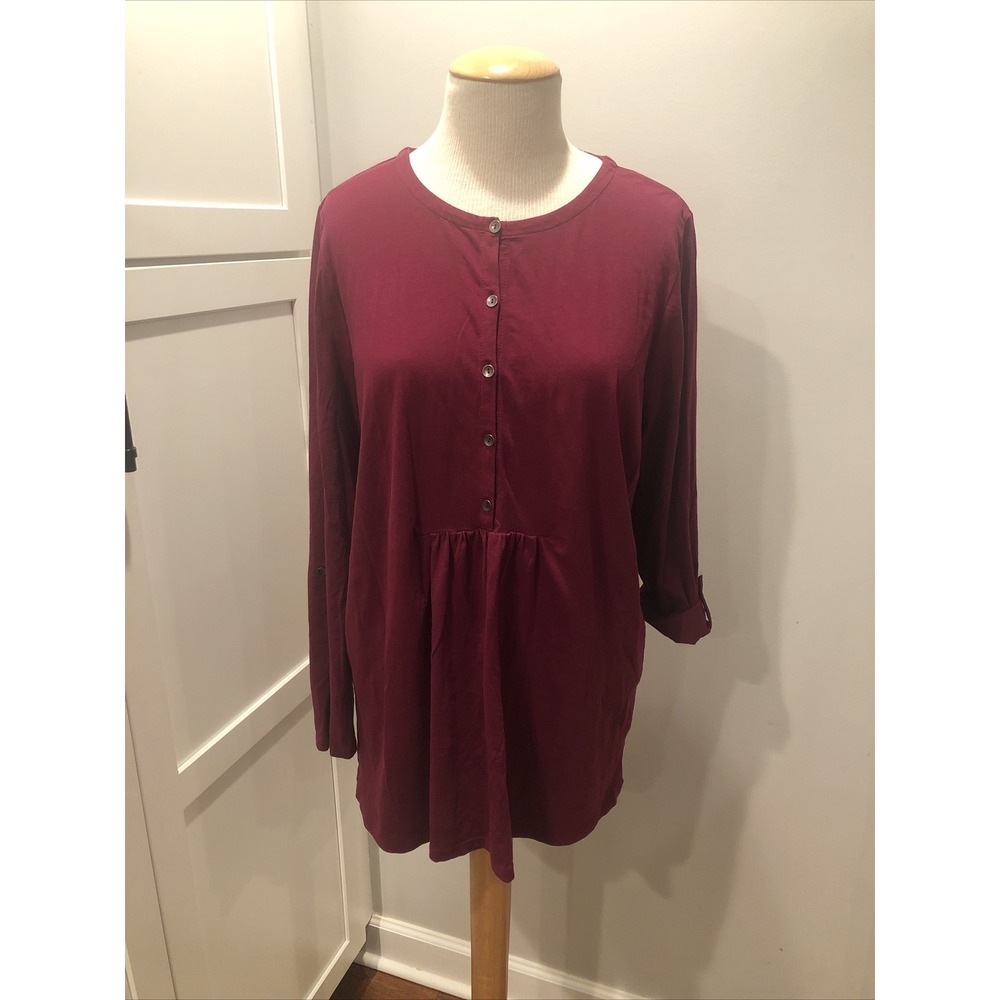 J Jill‎ Knit Tunic Women's Size Large Burgundy Roll Tab Long Sleeve EUC